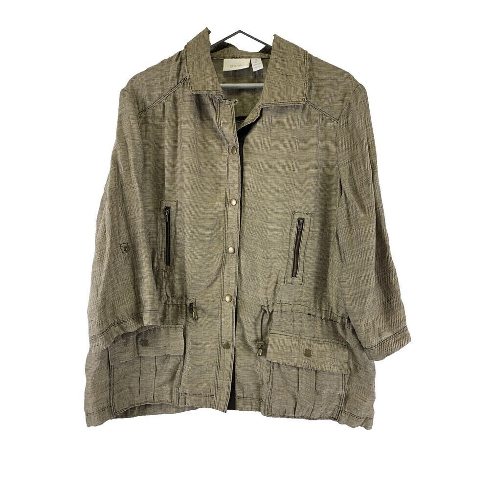 BOGO Chicos Linen Blend Jacket Brown Tan Striped Snap Collar Lightweight XL 16